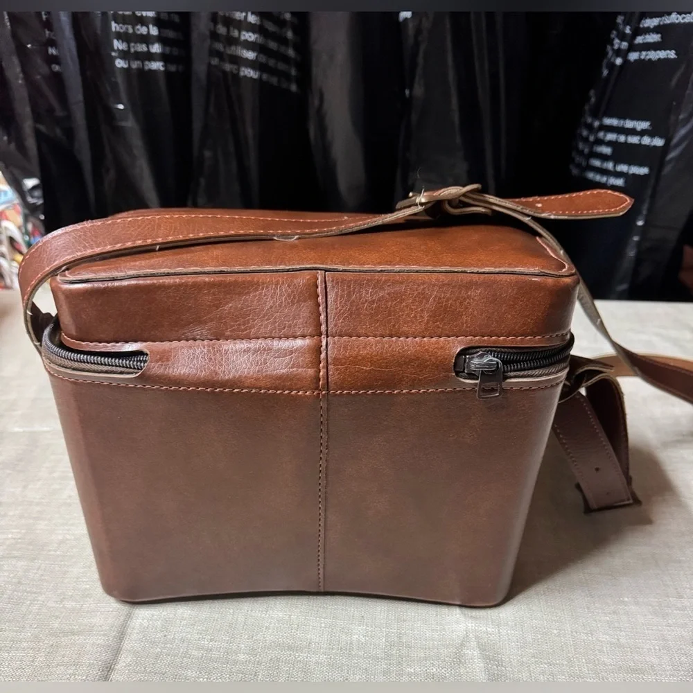 Vintage Leather Camera Bag Case Brown Brass Strap Pocket USA 703 10 x 8 x 6 Inch